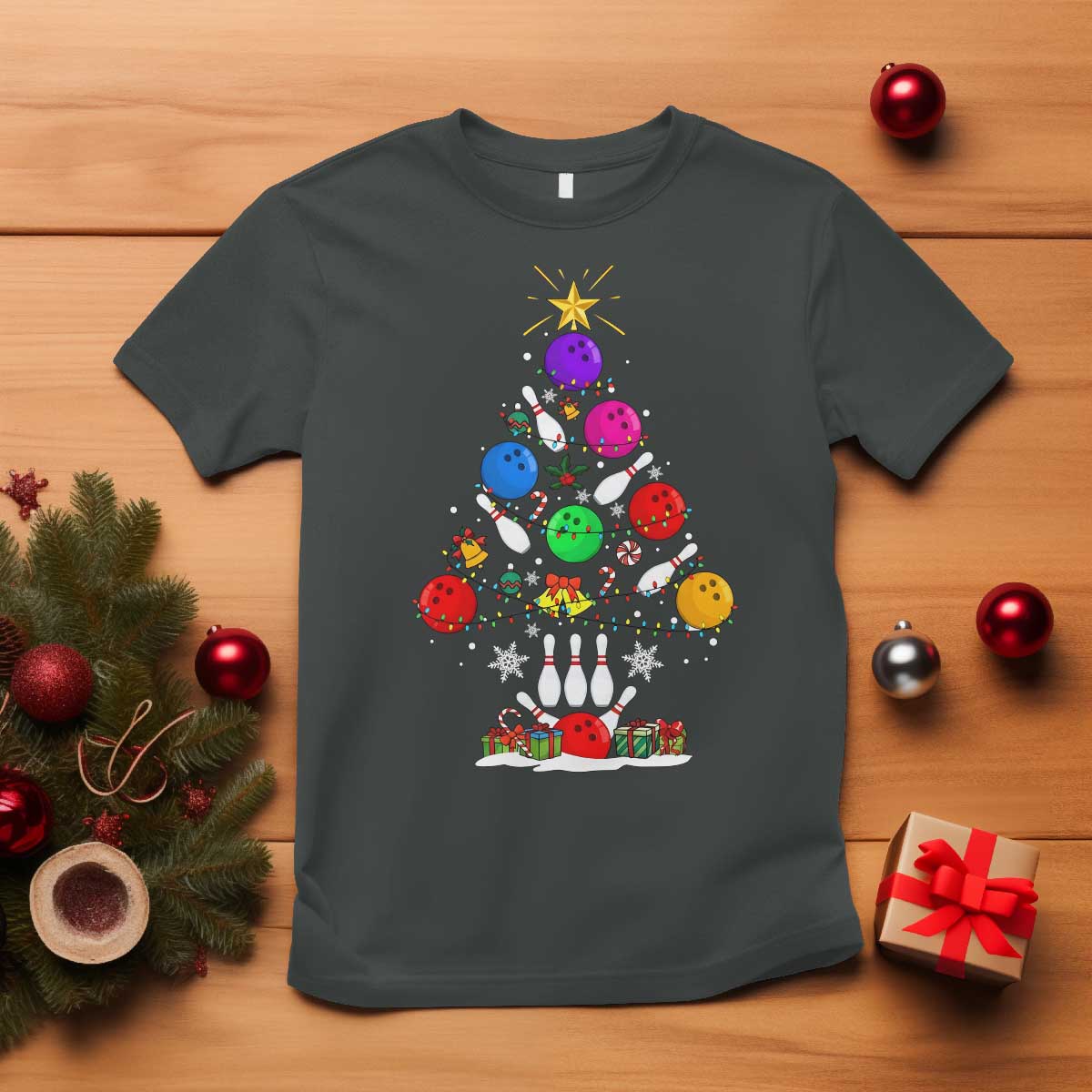 Funny Bowling Christmas Tree Lights Xmas Bowler T Shirt TS11 Dark Heather Print Your Wear