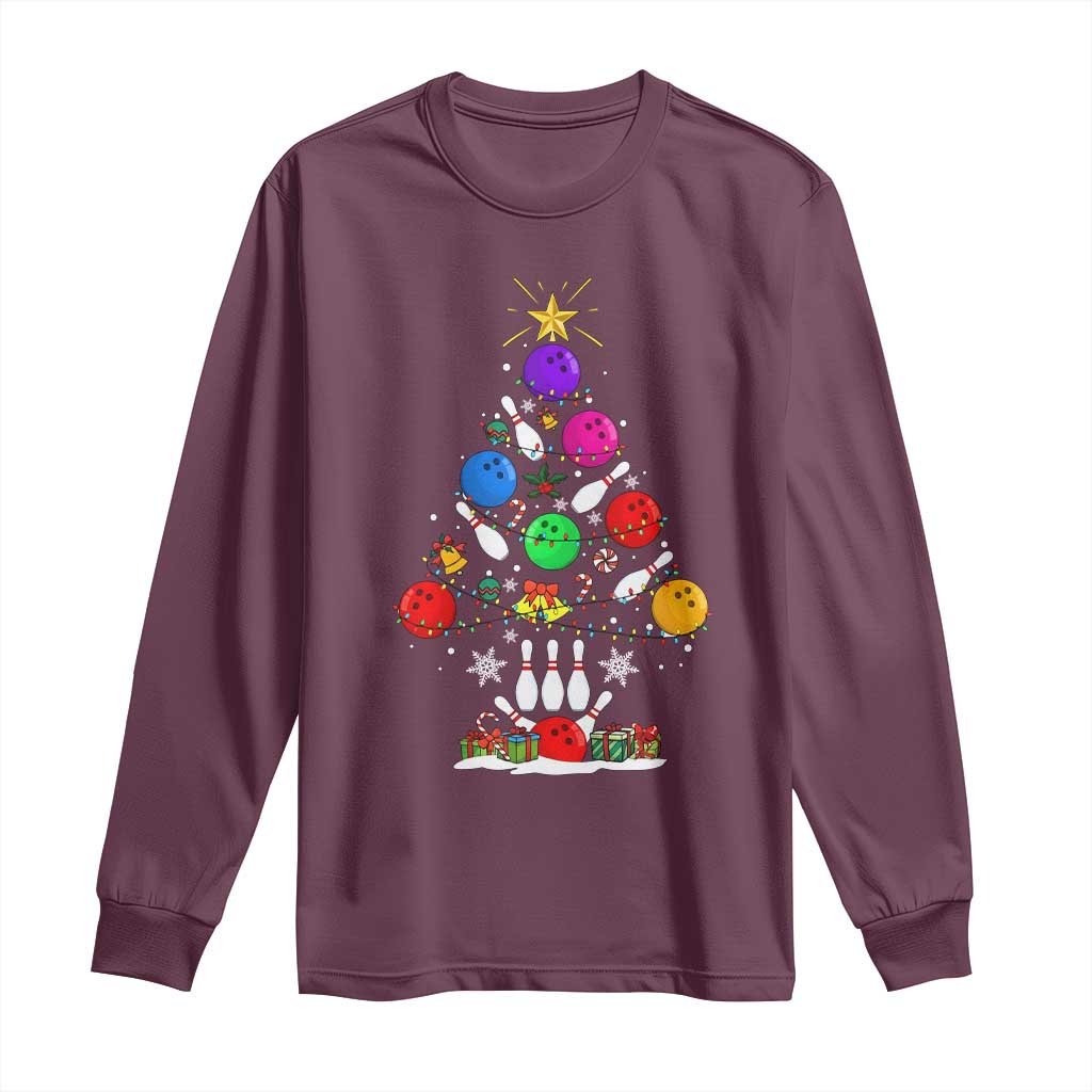 Funny Bowling Christmas Tree Lights Xmas Bowler Long Sleeve Shirt TS11 Maroon Print Your Wear