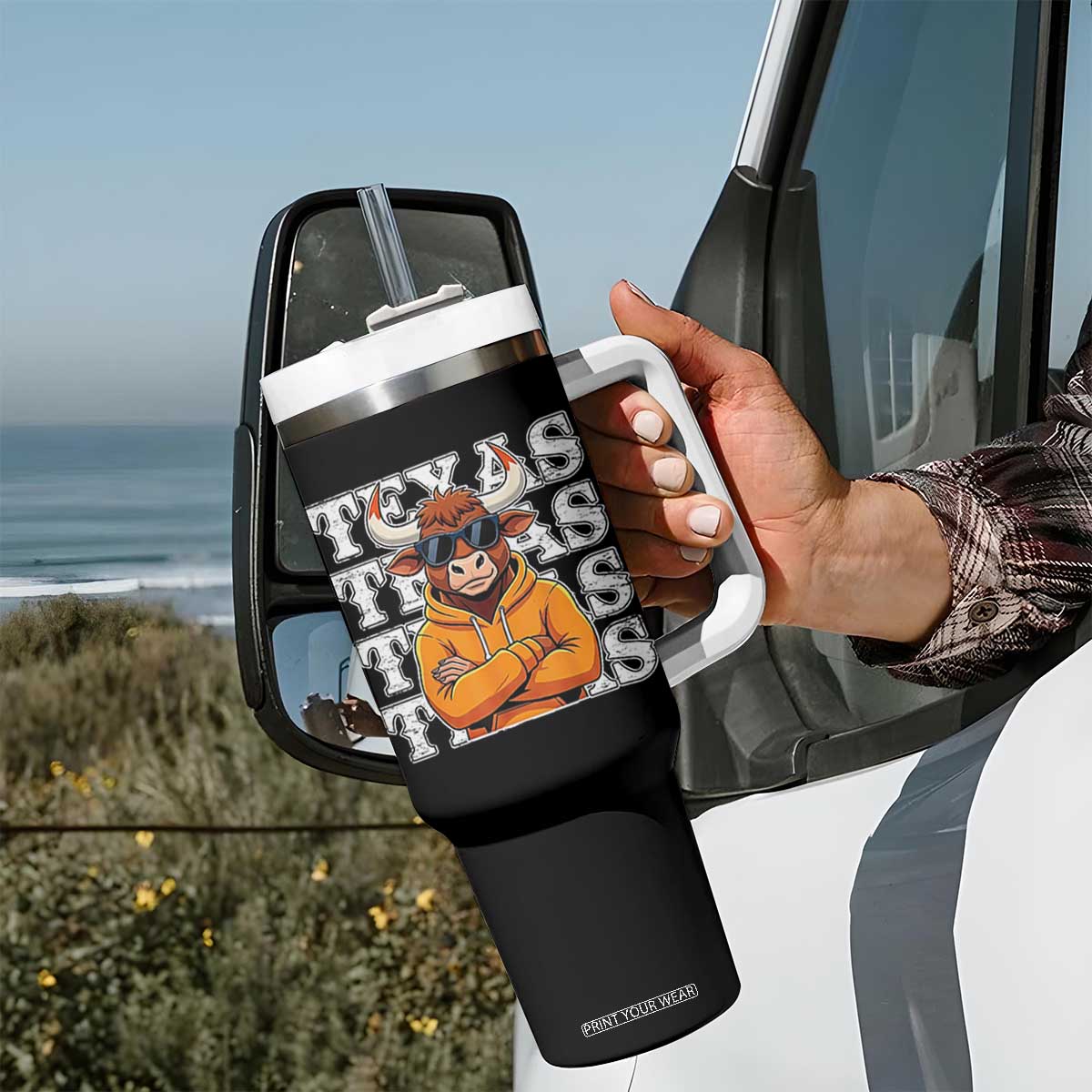 TFL Football Lover Tumbler With Handle Vintage Orange Cow Sunglasses Game Day TS11 Print Your Wear