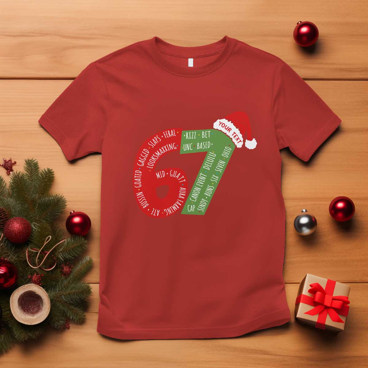Personalized 67 Christmas T Shirt Custom Text Rizz Aura Farming Six Seven Meme Gen Alpha TS11 Red Print Your Wear