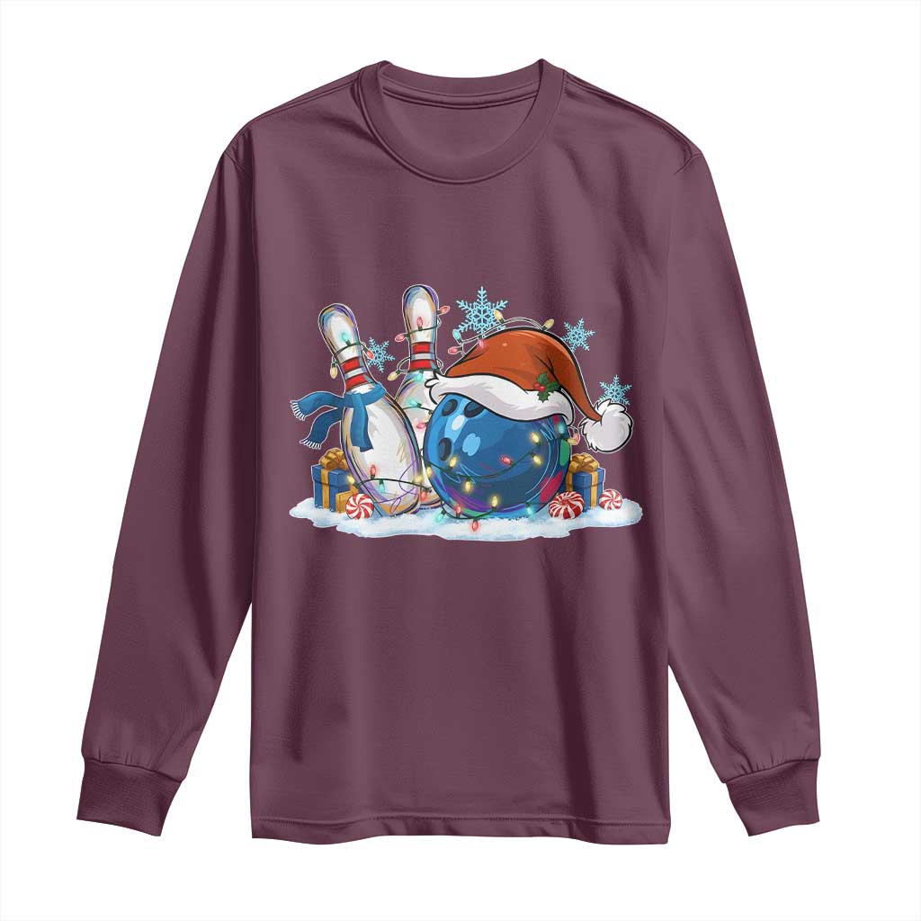 Funny Christmas Bowling Santa Hat Xmas Bowler Long Sleeve Shirt TS11 Maroon Print Your Wear