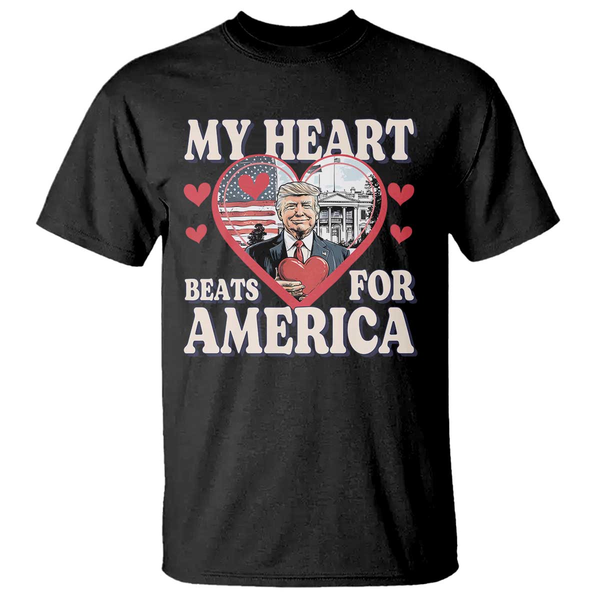 Funny Trump Valentine's Day T Shirt My Heart Beats For America White House TS11 Black Print Your Wear