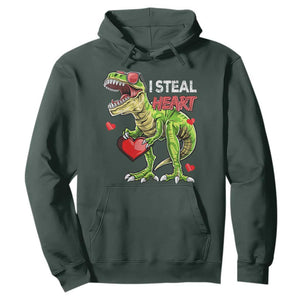 Funny Dinosaur Valentine's Day I Steal Heart Hoodie TS11 Dark Forest Green Print Your Wear