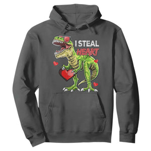 Funny Dinosaur Valentine's Day I Steal Heart Hoodie TS11 Dark Heather Print Your Wear