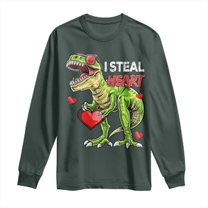 Funny Dinosaur Valentine's Day I Steal Heart Long Sleeve Shirt TS11 Dark Forest Green Print Your Wear