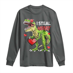 Funny Dinosaur Valentine's Day I Steal Heart Long Sleeve Shirt TS11 Dark Heather Print Your Wear