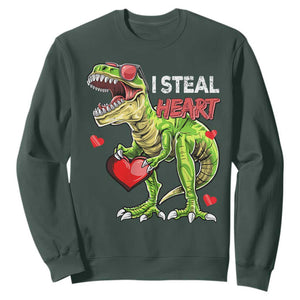 Funny Dinosaur Valentine's Day I Steal Heart Sweatshirt TS11 Dark Forest Green Print Your Wear