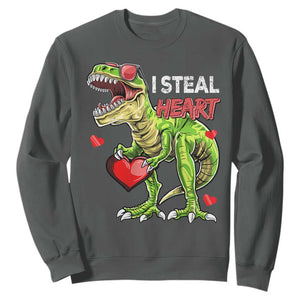 Funny Dinosaur Valentine's Day I Steal Heart Sweatshirt TS11 Dark Heather Print Your Wear