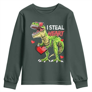 Funny Dinosaur Valentine's Day I Steal Heart Youth Sweatshirt TS11 Dark Forest Green Print Your Wear