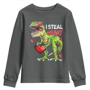 Funny Dinosaur Valentine's Day I Steal Heart Youth Sweatshirt TS11 Dark Heather Print Your Wear