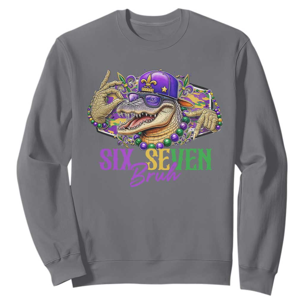 Funny Mardi Gras Six Seven Bruh Sweatshirt 67 Meme Mardigator Alligator TS11 Charcoal Print Your Wear