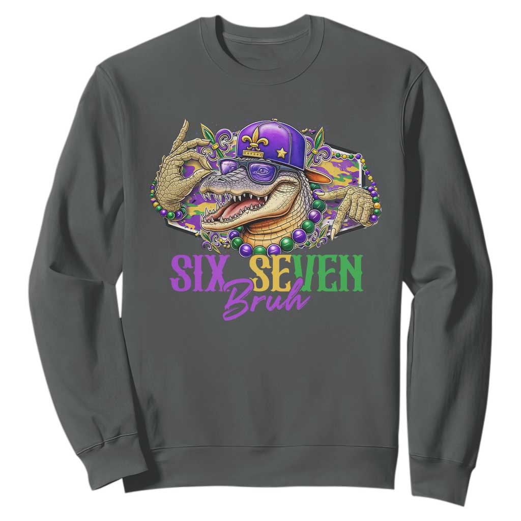 Funny Mardi Gras Six Seven Bruh Sweatshirt 67 Meme Mardigator Alligator TS11 Dark Heather Print Your Wear