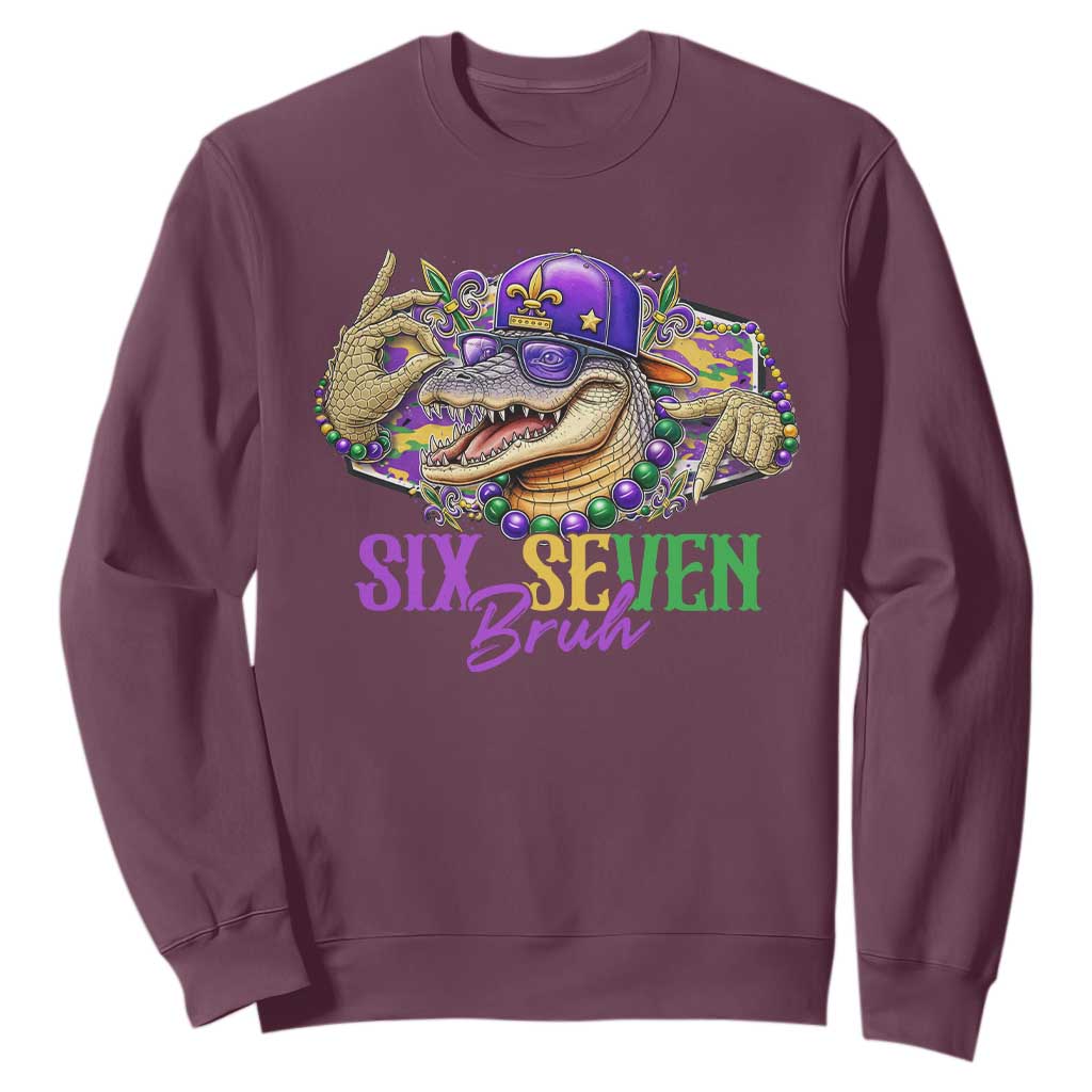 Funny Mardi Gras Six Seven Bruh Sweatshirt 67 Meme Mardigator Alligator TS11 Maroon Print Your Wear