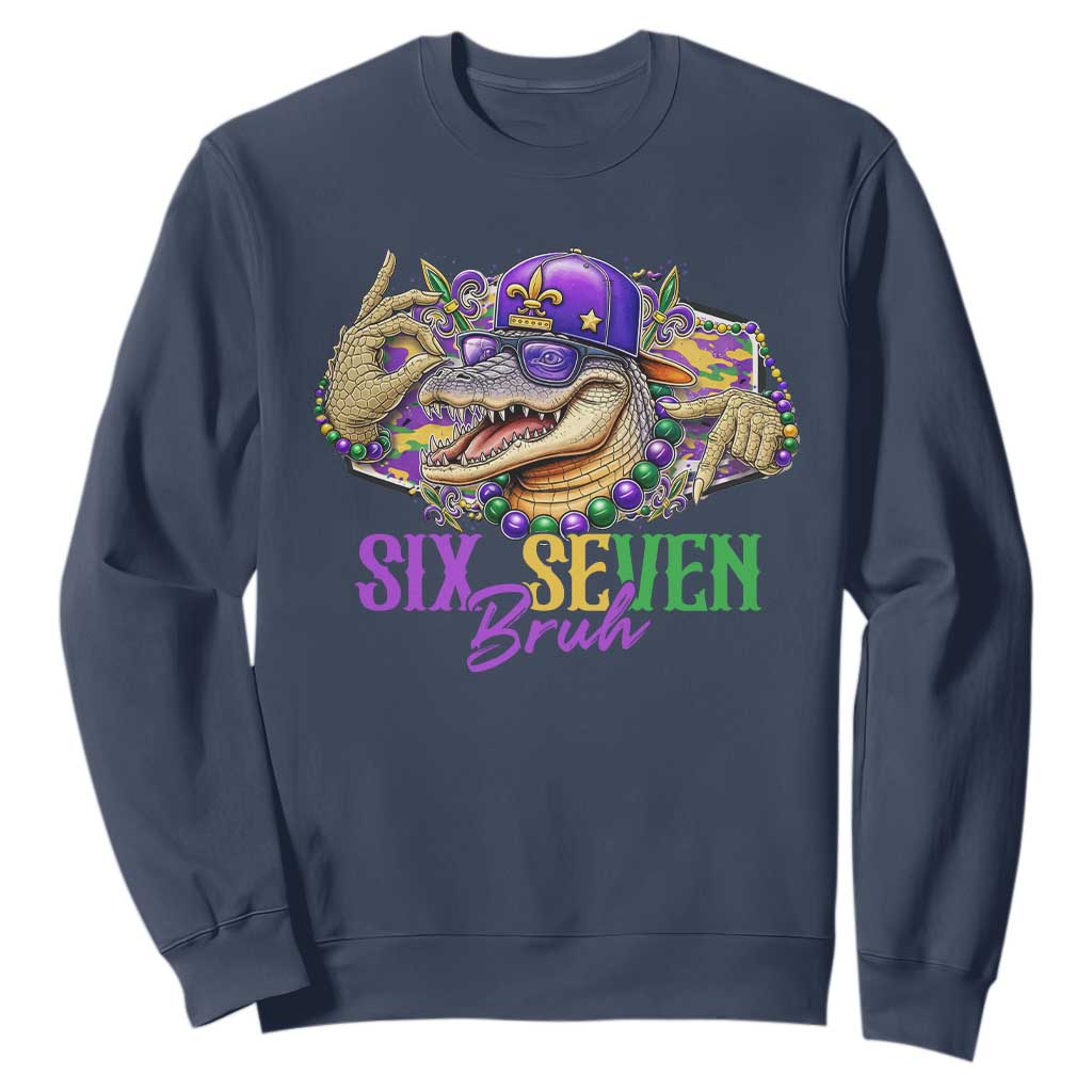 Funny Mardi Gras Six Seven Bruh Sweatshirt 67 Meme Mardigator Alligator TS11 Navy Print Your Wear