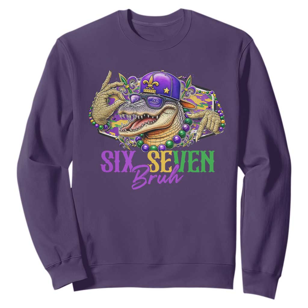 Funny Mardi Gras Six Seven Bruh Sweatshirt 67 Meme Mardigator Alligator TS11 Purple Print Your Wear