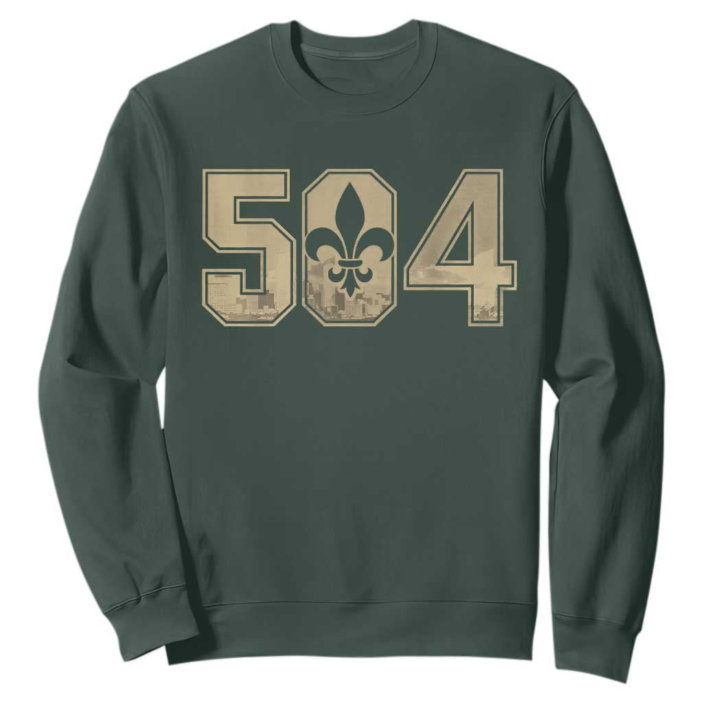 504 Nola New Orleans Louisiana LA Sweatshirt Fleur De Lis TS11 Dark Forest Green Print Your Wear
