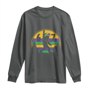 Funny Bigfoot 67 Mardi Gras Long Sleeve Shirt Sasquatch Parade Jester Hat TS11 Dark Heather Print Your Wear