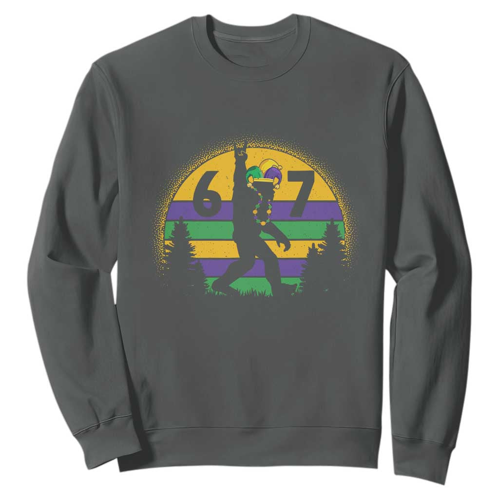 Funny Bigfoot 67 Mardi Gras Sweatshirt Sasquatch Parade Jester Hat TS11 Dark Heather Print Your Wear