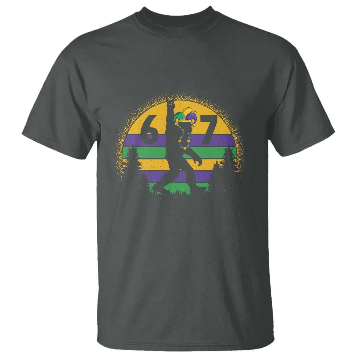 Funny Bigfoot 67 Mardi Gras T Shirt Sasquatch Parade Jester Hat TS11 Dark Heather Print Your Wear