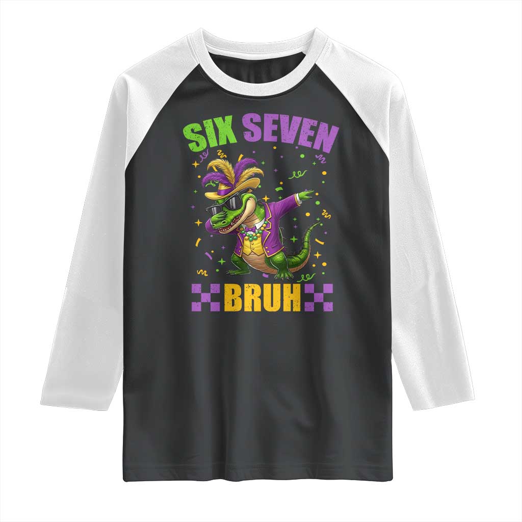 Funny 67 Mardi Gras Alligator Raglan Shirt Six Seven Bruh Mardigator Dabbing Crocodile TS11 Black White Print Your Wear