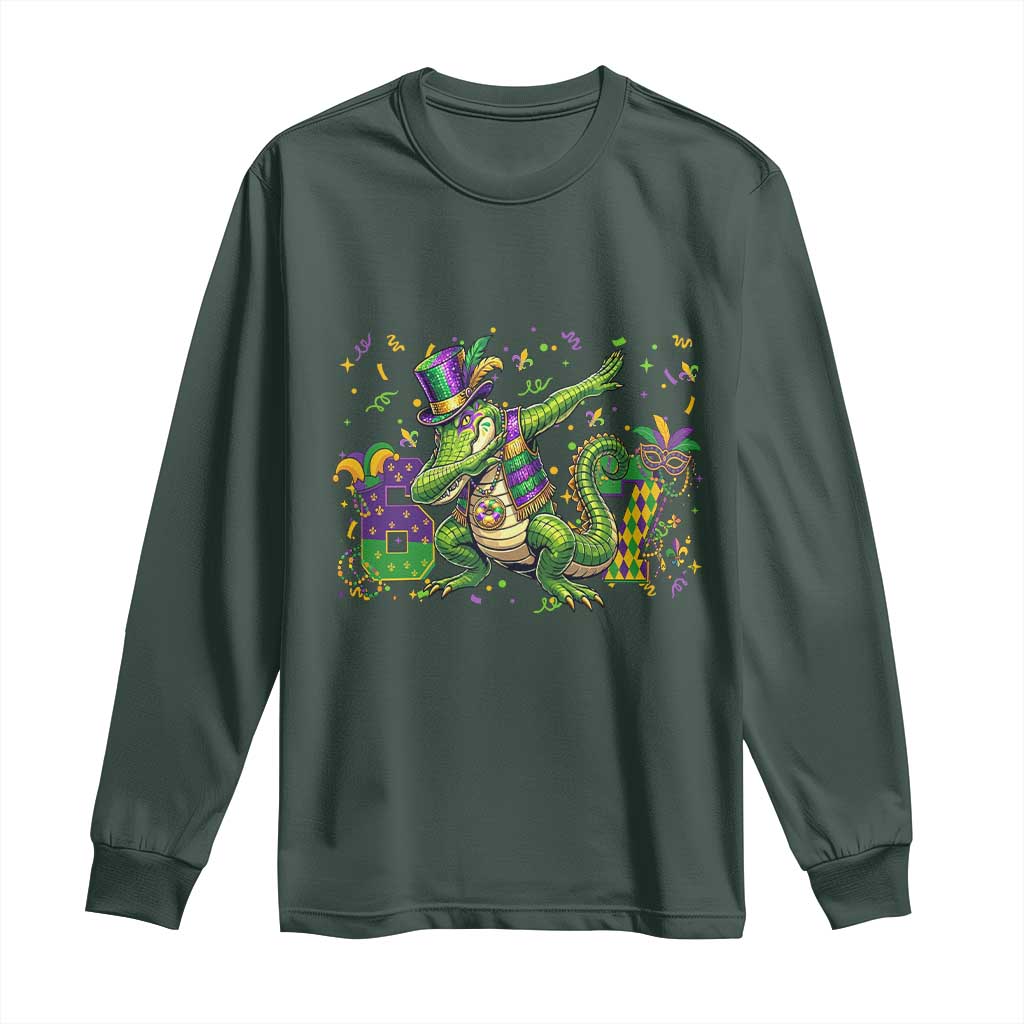 Funny Dabbing Alligator 67 Mardi Gras Six Seven Meme Long Sleeve Shirt TS11 Dark Forest Green Print Your Wear