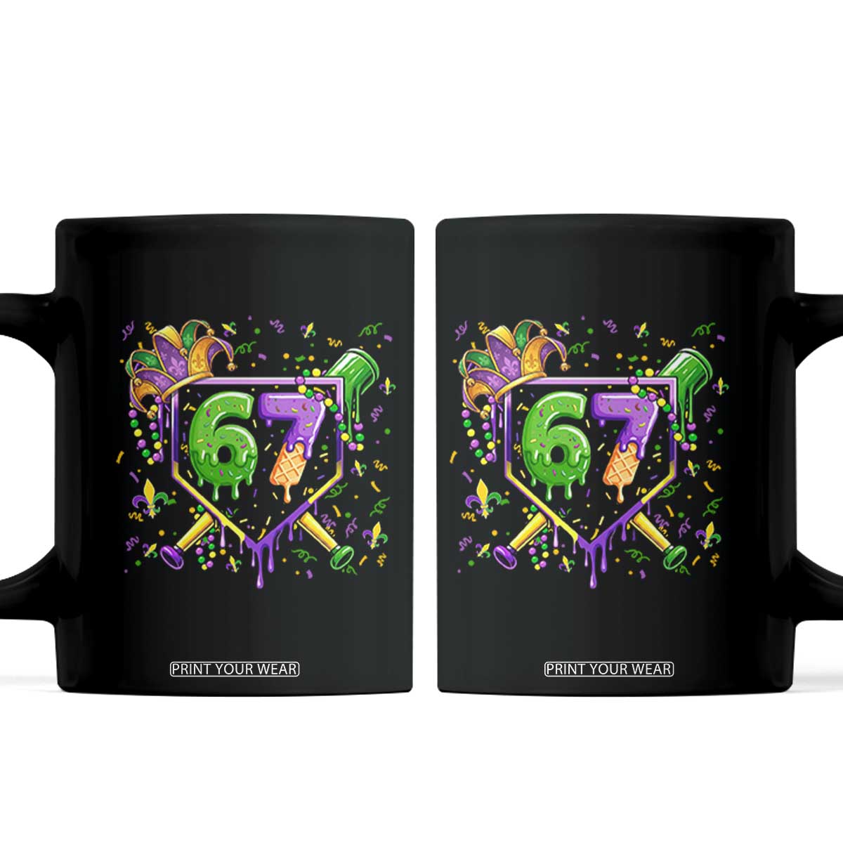 Funny Baseball Mardi Gras 67 Ice Cream Drip Coffee Mug Six Seven Meme Carnival TS11 Black Print Your Wear
