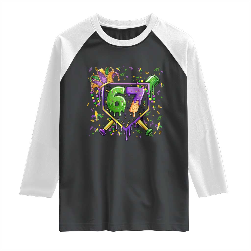 Funny Baseball Mardi Gras 67 Ice Cream Drip Raglan Shirt Six Seven Meme Carnival TS11 Black White Print Your Wear