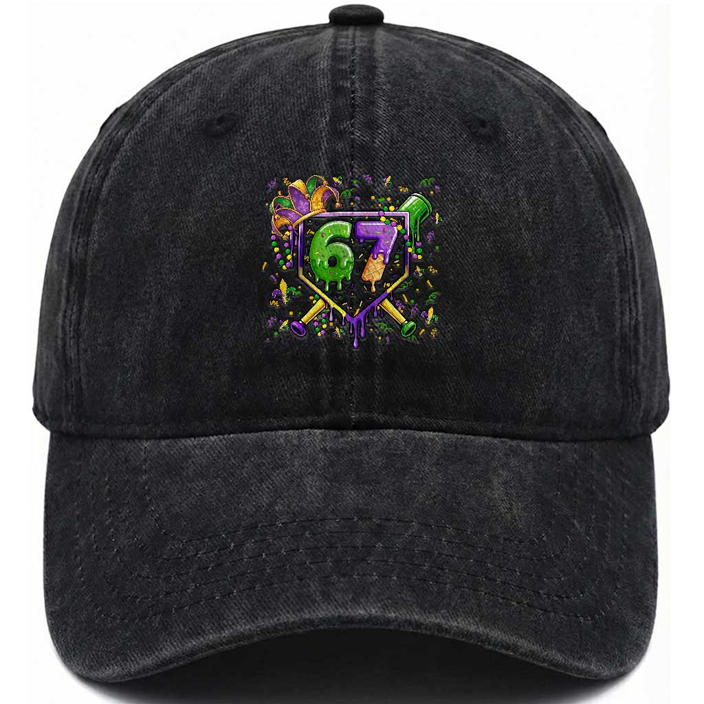 Funny Baseball Mardi Gras 67 Ice Cream Drip Washed Cotton Baseball Cap Six Seven Meme Carnival TS11 Washed Cap Universal Fit Black Print Your Wear