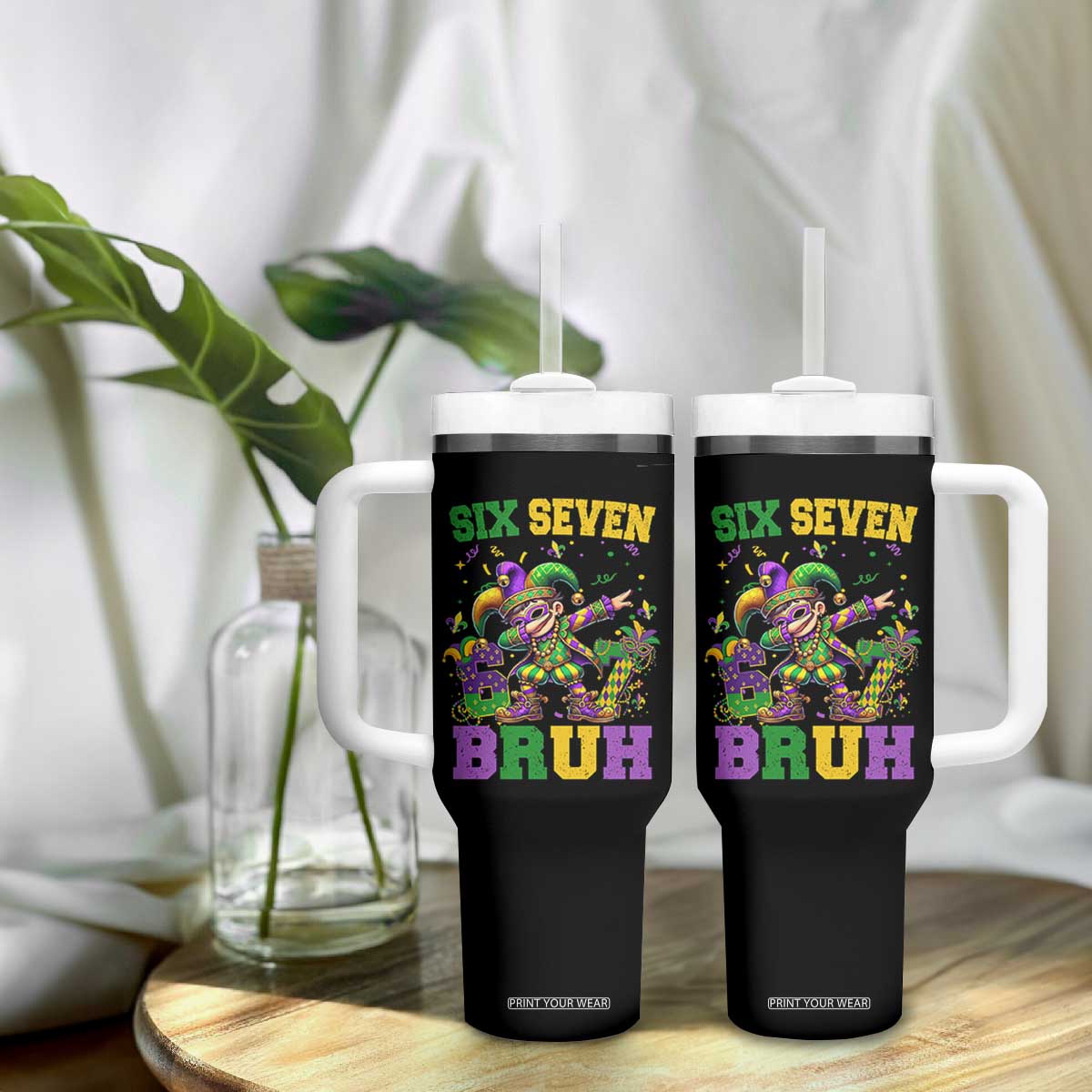 Funny 67 Mardi Gras Tumbler With Handle Six Seven Bruh Dabbing Jester TS11 Print Your Wear