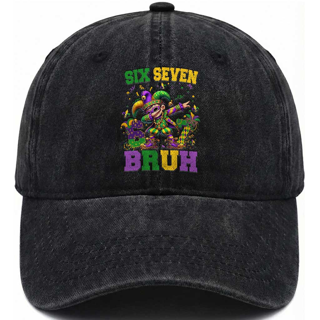 Funny 67 Mardi Gras Washed Cotton Baseball Cap Six Seven Bruh Dabbing Jester TS11 Print Your Wear
