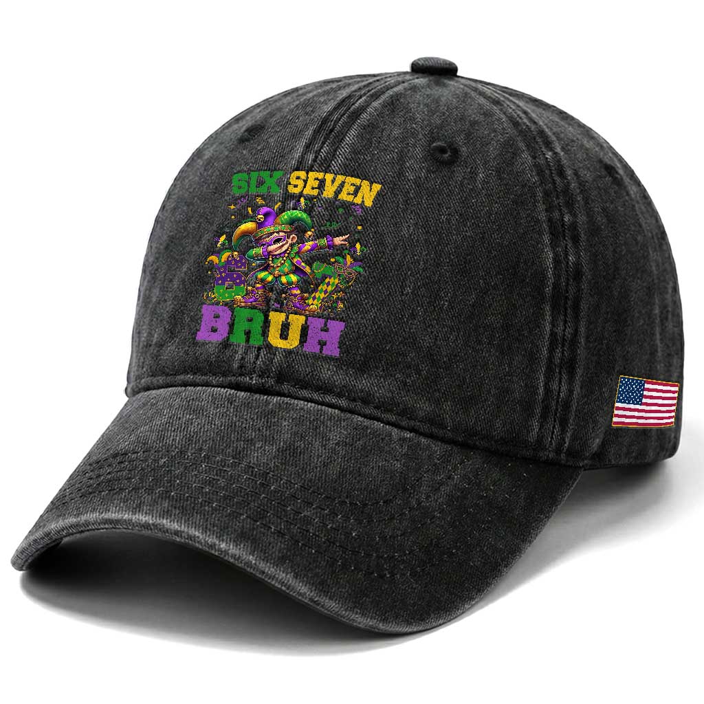 Funny 67 Mardi Gras Washed Cotton Baseball Cap Six Seven Bruh Dabbing Jester TS11 Print Your Wear
