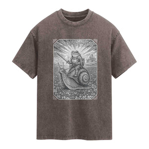 Funny Medieval Frog Knight Riding Weirdcore Snail Washed Cotton T-Shirt