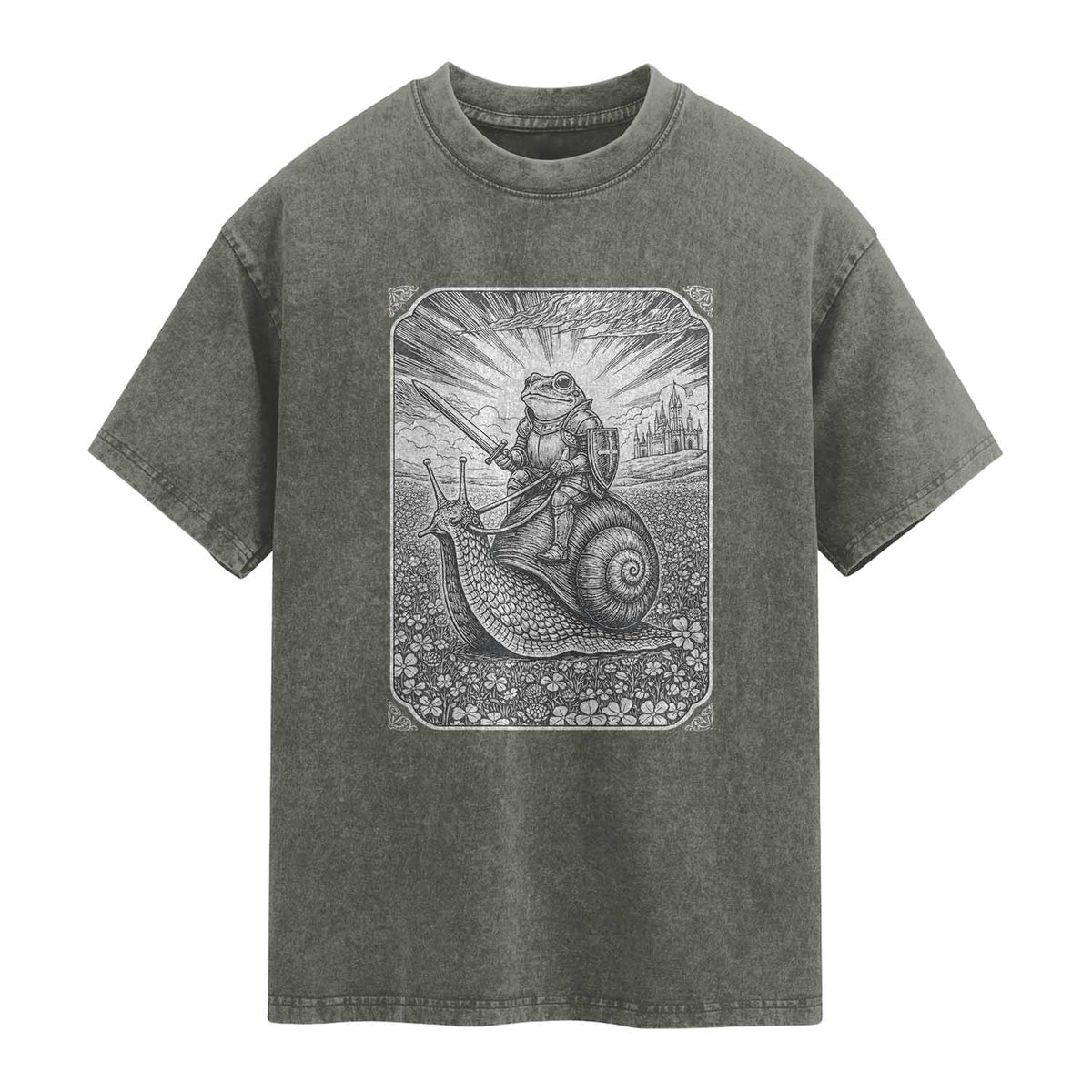 Funny Medieval Frog Knight Riding Weirdcore Snail Washed Cotton T-Shirt