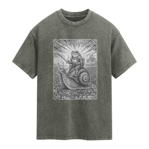 Funny Medieval Frog Knight Riding Weirdcore Snail Washed Cotton T-Shirt