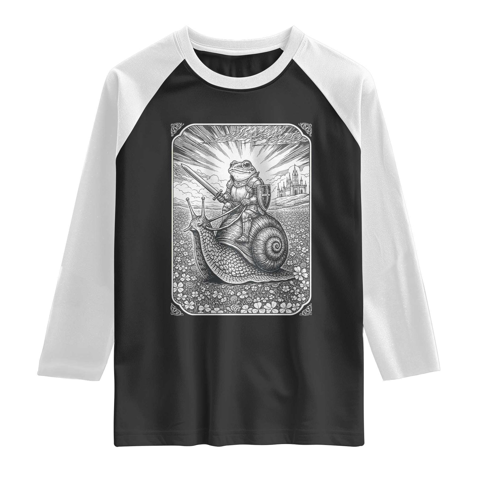 Funny Medieval Frog Knight Riding Weirdcore Snail Raglan Shirt