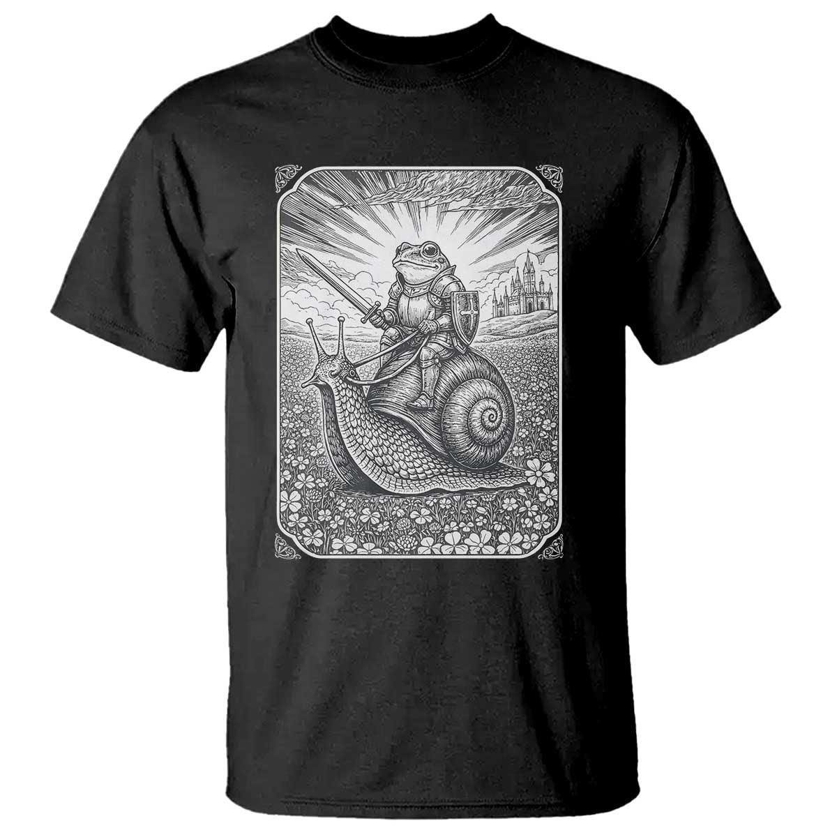 Funny Medieval Frog Knight Riding Weirdcore Snail T Shirt