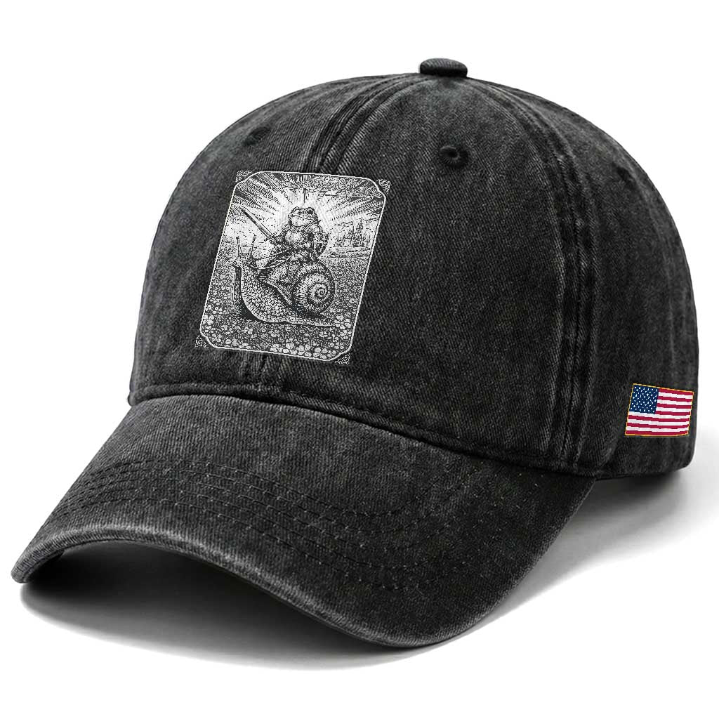 Funny Medieval Frog Knight Riding Weirdcore Snail Washed Cotton Baseball Cap