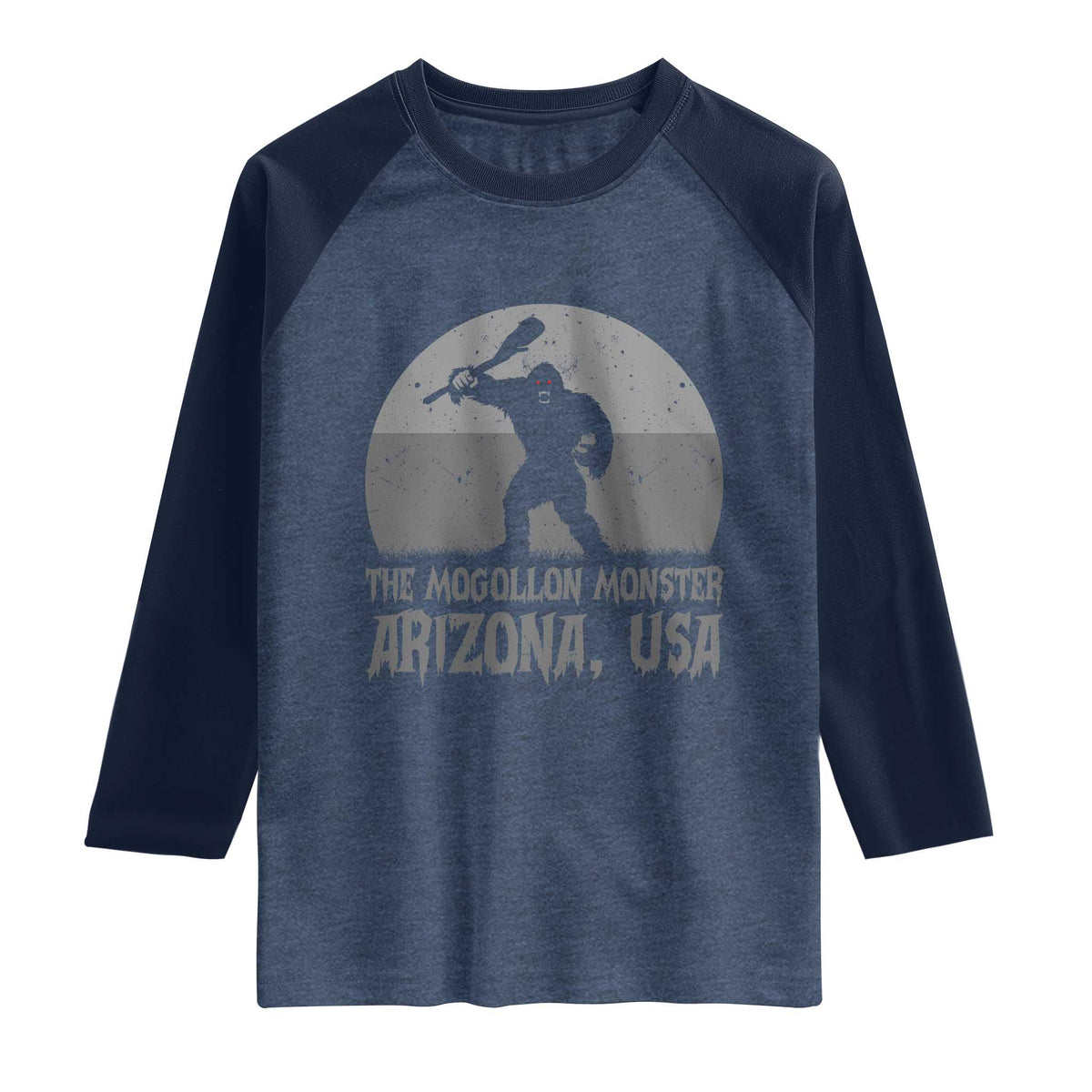 The Mogollon Monster Arizona Bigfoot Raglan Shirt Vintage Cryptid Folklore TS12 Heather Denim Navy Print Your Wear