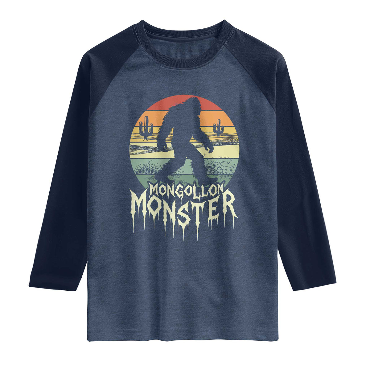Mysterious Mogollon Monster Raglan Shirt Arizona Wilderness Enigma TS12 Heather Denim Navy Print Your Wear