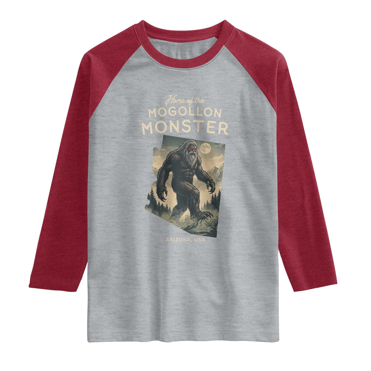 Arizona Cryptid Lover Raglan Shirt Home Of The Mogollon Monster TS12 Heather Gray Heather Red Print Your Wear