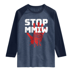 Indigenous Women Awareness Raglan Shirt Stop MMIW Red Handprint Graphic TS12 Heather Denim Navy Print Your Wear