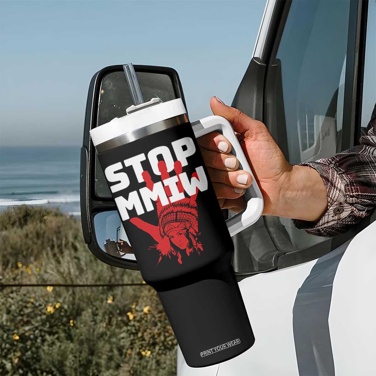 Indigenous Women Awareness Tumbler With Handle Stop MMIW Red Handprint Graphic TS12 Print Your Wear