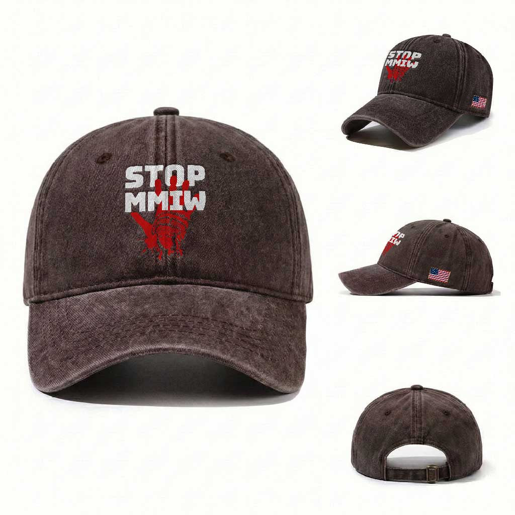 Indigenous Women Awareness Washed Cotton Baseball Cap Stop MMIW Red Handprint Graphic TS12 Washed Cap Universal Fit Dark Brown Print Your Wear