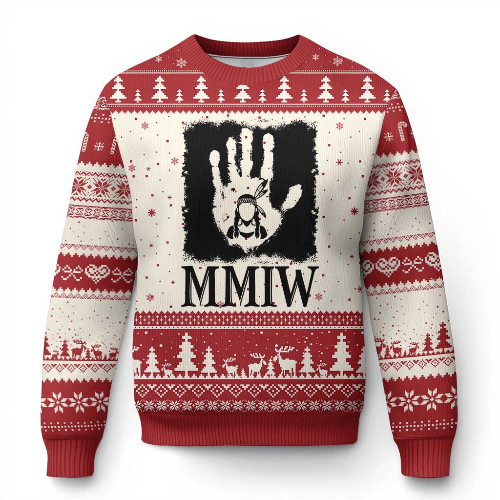 Stop MMIW Ugly Christmas Sweater Voices For Stolen Sisters Red Handprint Graphic TS12 Beige Red Print Your Wear