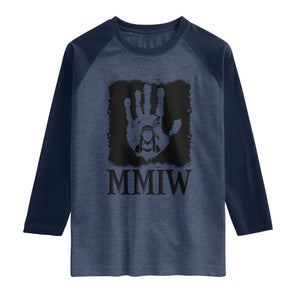 Stop MMIW Raglan Shirt Voices For Stolen Sisters Red Handprint Graphic TS12 Heather Denim Navy Print Your Wear