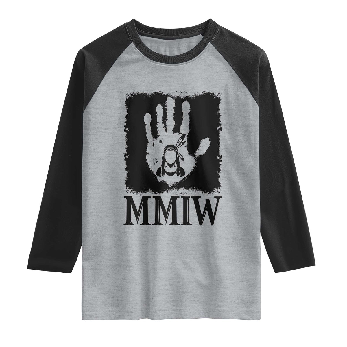 Stop MMIW Raglan Shirt Voices For Stolen Sisters Red Handprint Graphic TS12 Heather Gray Black Print Your Wear