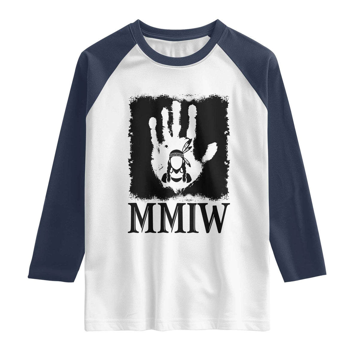 Stop MMIW Raglan Shirt Voices For Stolen Sisters Red Handprint Graphic TS12 White Navy Print Your Wear