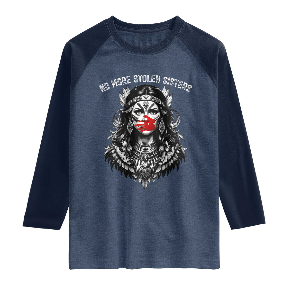 MMIW Awareness Support Raglan Shirt No More Stolen Sisters TS12 Heather Denim Navy Print Your Wear