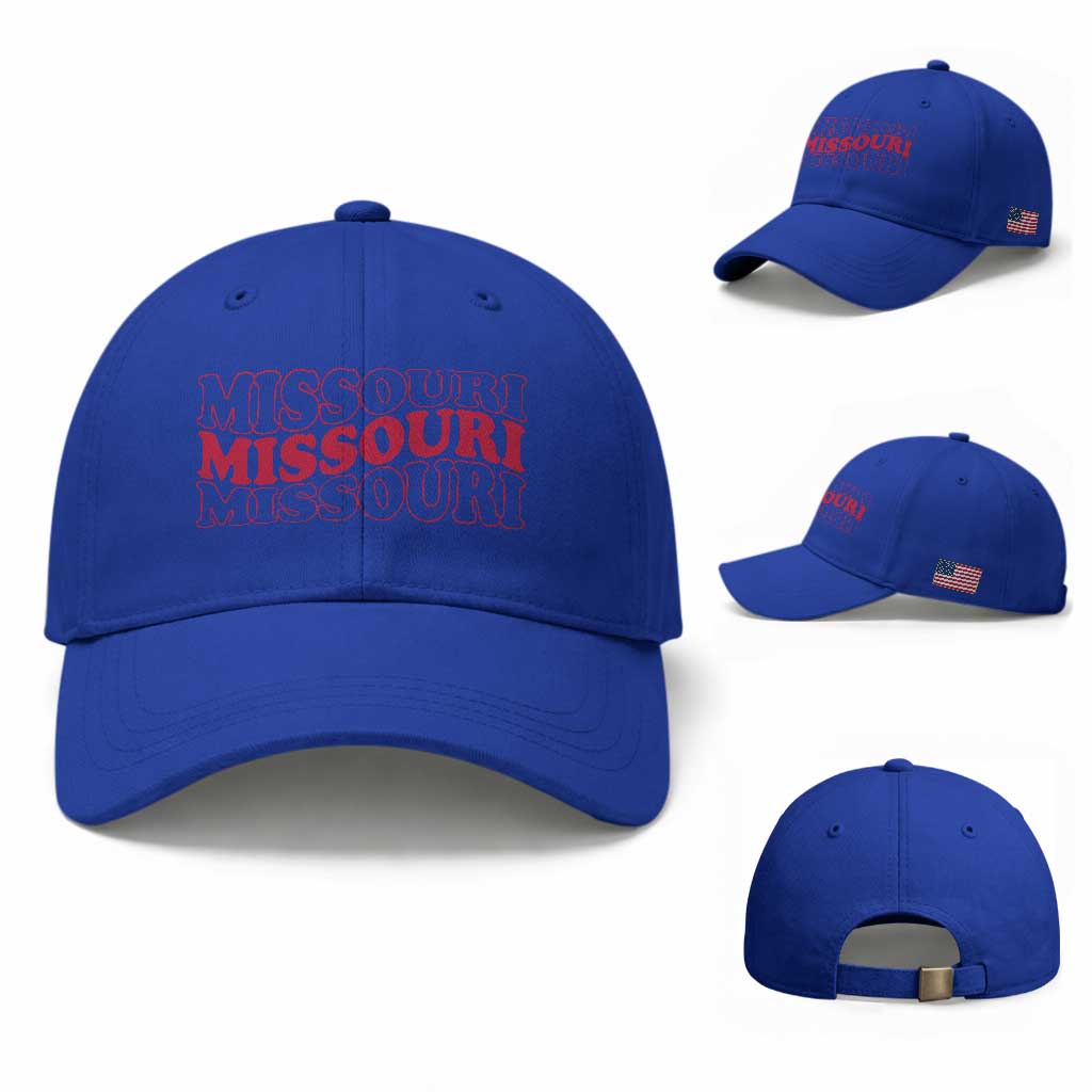 Retro Missouri State Pride Baseball Cap Groovy Wavy Typography TS12 Baseball Cap Universal Fit Royal Blue Print Your Wear