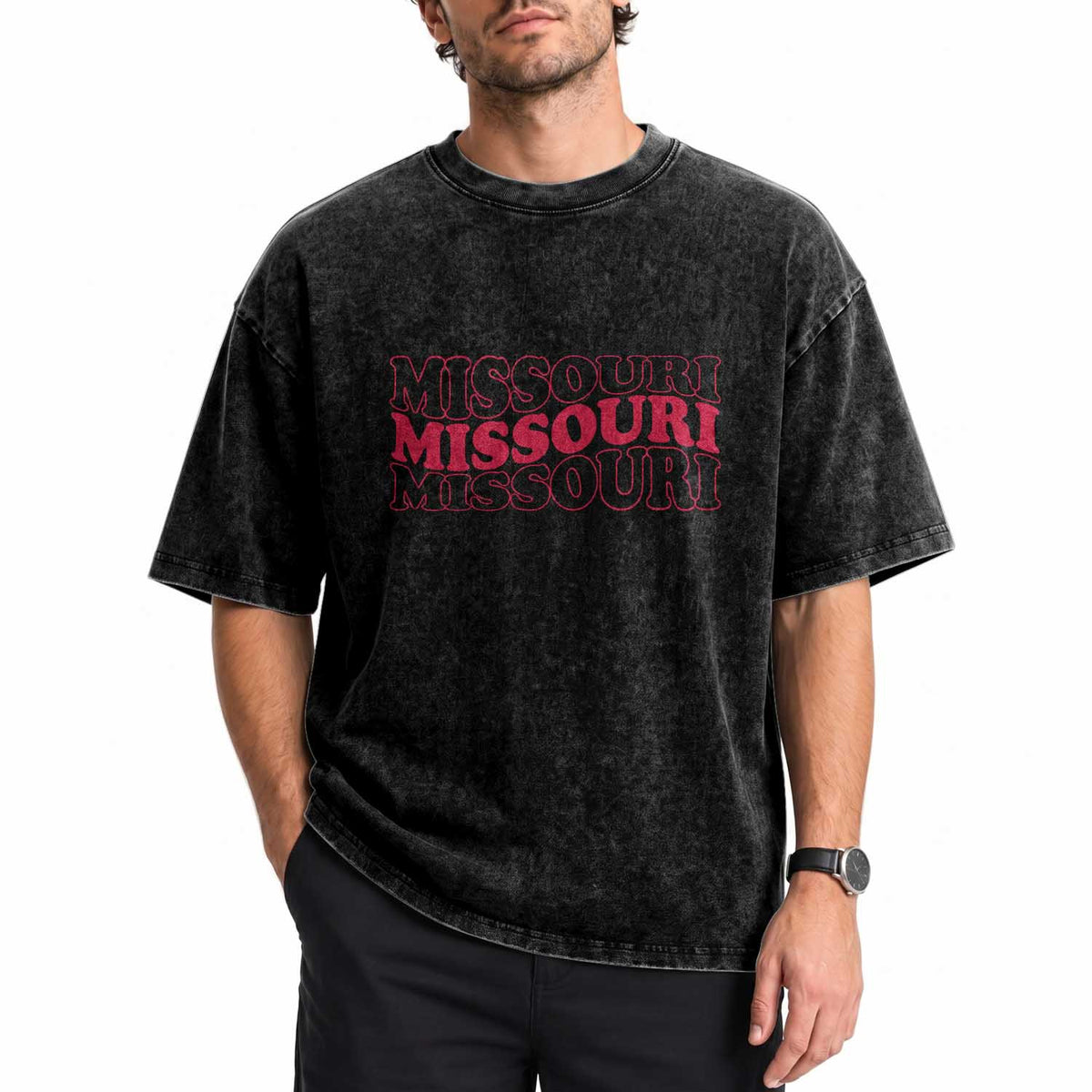 Retro Missouri State Pride Washed Cotton T-Shirt Groovy Wavy Typography